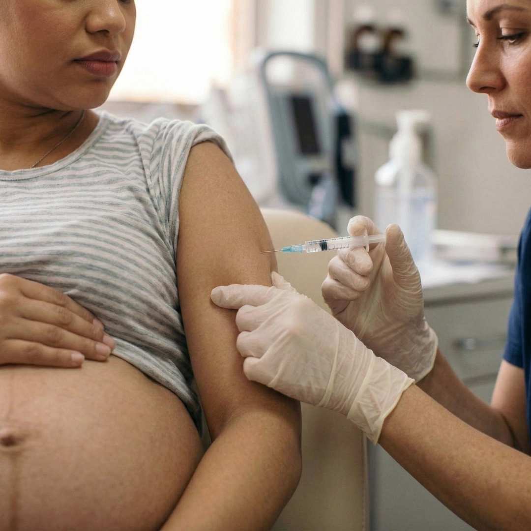 Profesional de la salud con guantes administrando una inyección a una mujer embarazada en un entorno clínico.