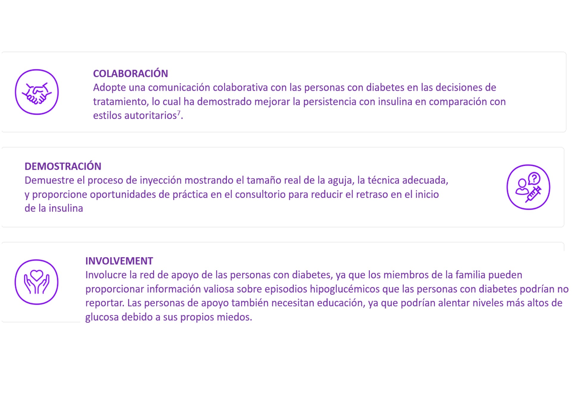 Colaboración: adoptar una comunicación colaborativa con las personas que viven con diabetes en las decisiones de tratamiento. Demostración: Mostrar el proceso de aplicación. Incolucramiento: Involucre a la red de soporte del paciente.