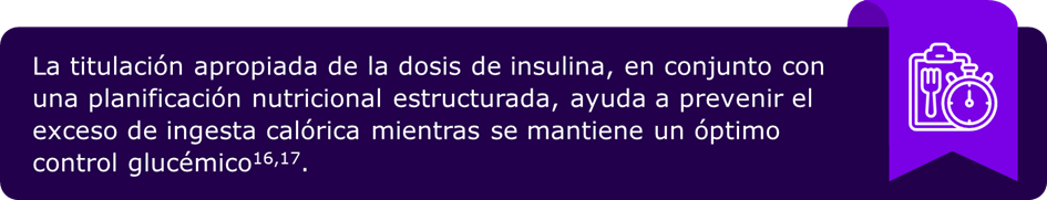 La titulación apropiada de la dosis de insulina, en conjunto con una planificación nutricional estructurada, ayuda a prevenir el exceso de ingesta calórica mientras se mantiene un óptimo control glucémico